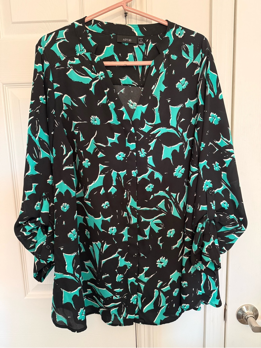 Apt. 9 Black Blouse with Teal Floral Print Button Down